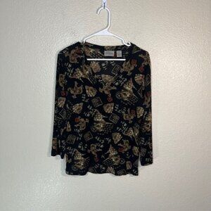 Chicos Travelers Top Womens 0 Slinky Acetate Stretch Shirt Buddha Asian Print